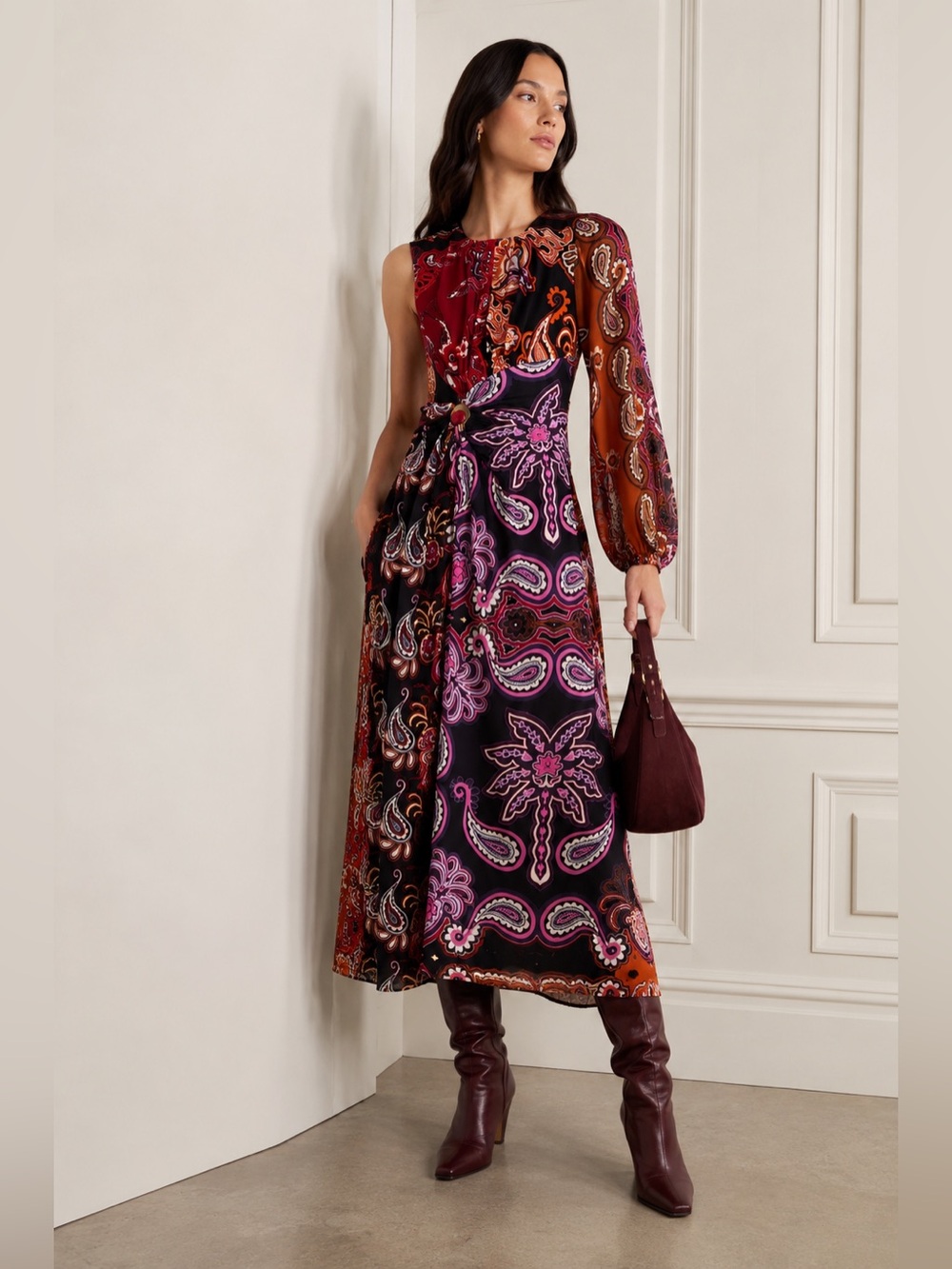 FARM Rio One Shoulder Paisley Patchwork Maxi Dress NWOT Brazil sz L bohemian